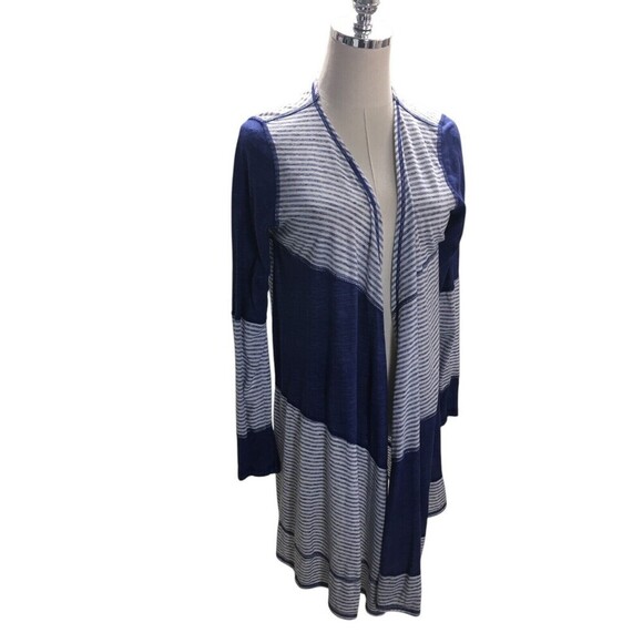 Allen Allen Cardigan Duster Women's Size Medium Blue Striped - Picture 3 of 6